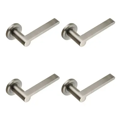 4x PAIR Flat Bar Lever with Rounded End on Round Rose Concealed Fix Satin Steel