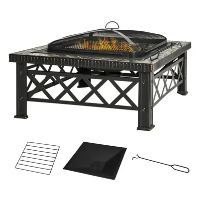 Outsunny 76cm Square Garden Fire Pit Square Table w/ Poker Mesh Cover Log Grate