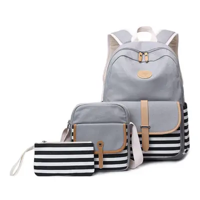 (Gray) 3Pcs/Set Canvas Backpack Rucksack School Bag Waterproof Shoulder Bag Outdoor Travel