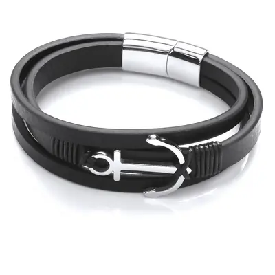 Jewelco London Mens Black Leather Stainless Steel Multi Strand Anchor Charm Strap Bracelet inch 