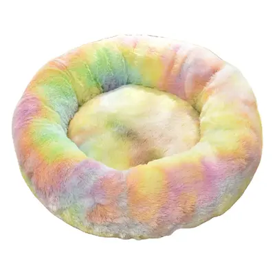 (Rainbow, S) Pet Dog Cat Calming Bed Round Warm Soft Plush Sleeping Bed Donut Cushion