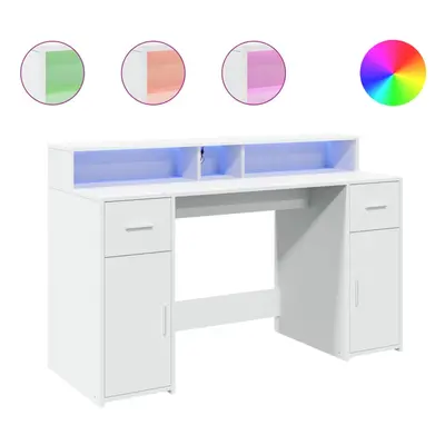 vidaXL Desk with LED Lights Writing Table Working Table White Engineered Wood