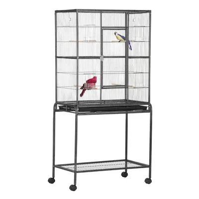 PawHut Rolling Bird Cage w/ Detachable stand Storage Shelf Wood Perch Food Cup