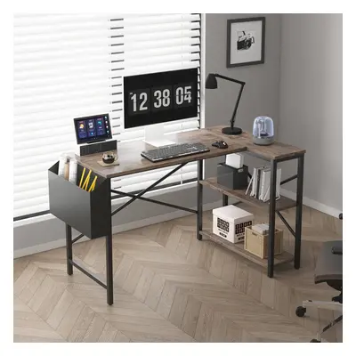 (100CM, Distressed grey) Corner Desk Shaped Reversible With Bookshelf