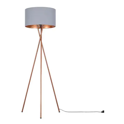 Copper Tripod Floor Lamp Grey & Copper Drum Cylinder Shade & LED Bulb