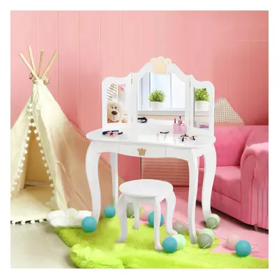 Kids Dressing Table Vanity Set Wooden Stool w/Tri-folding Mirror