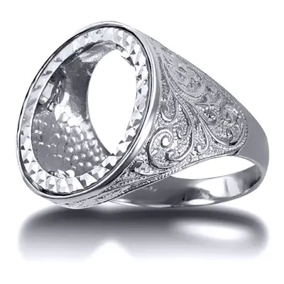 (X) Jewelco London Men's Solid Silver Floral Engraved Half Sovereign Mount Ring