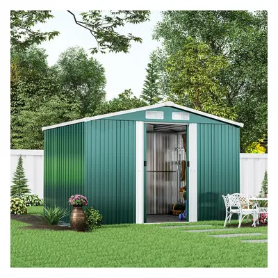 8 x ft Metal Shed Garden Storage Shed Apex Roof Double Door with Base, Dark Green