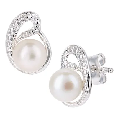 Jewelco London 9ct White Gold Round 1pts Diamond Round Pearl 5mm Ouroboros Moon Stud Earrings - 