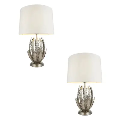 2 PACK Ornate Silver Table Lamp Ivory Cotton Fabric Shade Decorative Leaf Design