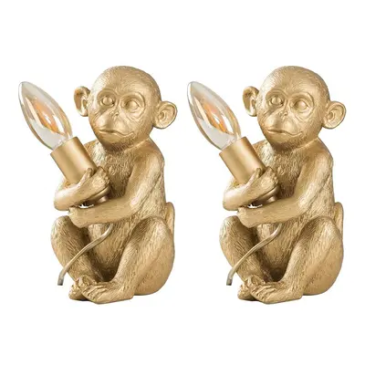 Pair of - Modern Metallic Gold Painted Baby Monkey Design Table Lamps