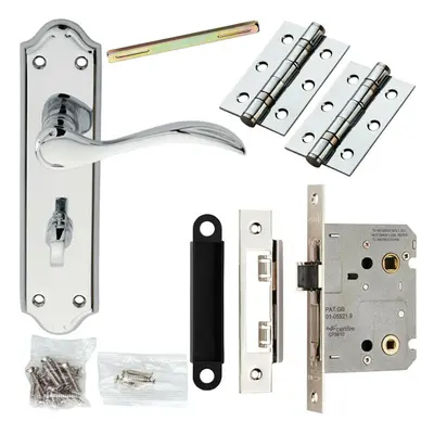 Door Handle & Bathroom Lock Pack Chrome Victorian Curved Thumb Turn Backplate