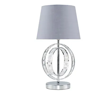 Chrome Acrylic Jewel Intertwined Double Hoop Design Table Lamp with a Grey Polycotton Tapered Li