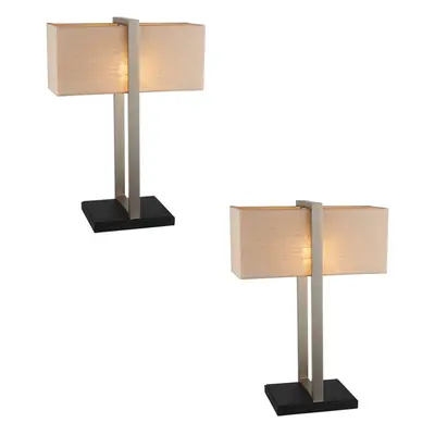 2 PACK Satin Nickel Framed Table Lamp Light & Linen Shade - Matt Black Base