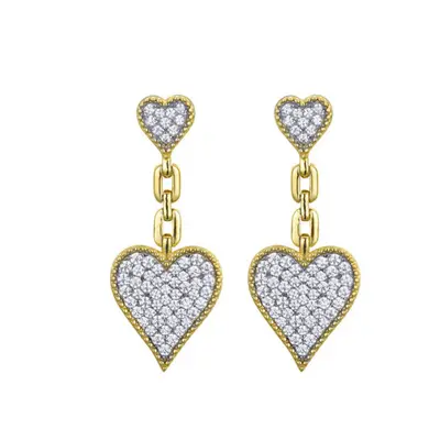 Jewelco London 14k Gold-plated Silver Round CZ Double Bead Edge Love Heart Drop Earrings - AES24