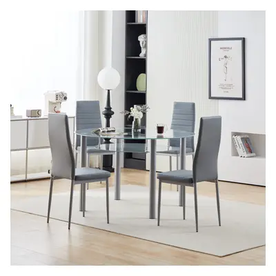 (120cm) Modern Grey Piece Round Glass Dining Set Faux Leather Upholstered Chairs