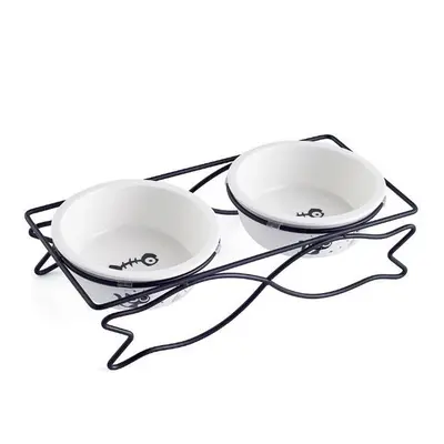 (M) Ceramic Pet Bowl for Food and Water Bowls Pet Feeders Double Bowls Set Fish Shape Metal Stan