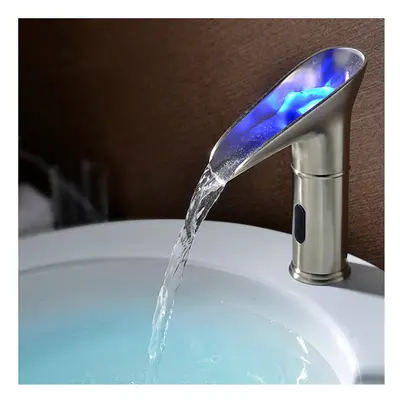 Automatic Sensor Faucet Waterfall LED Bathroom Basin Sink Widespread Brass Mixer Tap Single Leve