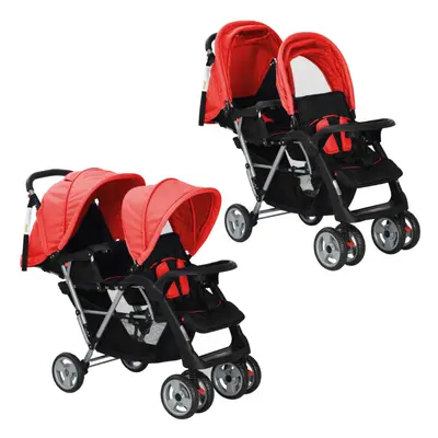 (red) vidaXL Tandem Stroller Steel Child Toddler Baby Pram Pushchair Baby Buggy