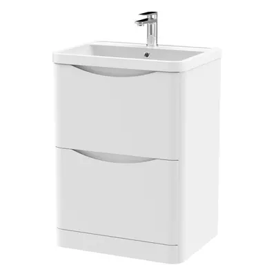 Floor Standing Drawer Vanity Basin Unit with Polymarble Basin, 600mm - Satin White