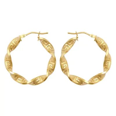 Jewelco London Ladies 9ct Yellow Gold Greek Key Ribbon Twist 4mm Hoop Earrings 27mm - JER787A