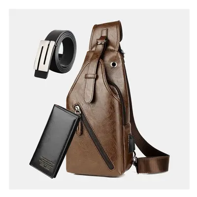 (Brown 007) 3PCS Men Chest Bag Wallet Belt Set Casual Multifunction Wear- Resistant Crossbody Sh