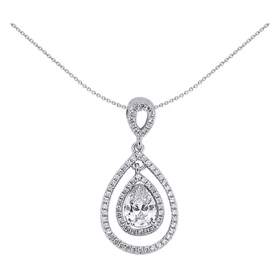 Jewelco London Ladies Sterling Silver Pear Cubic Zirconia Teardrop Halo Pendant Necklace inch - 