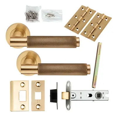 Door Handle & Latch Pack Satin Brass Knurled Round Lever Screwless Round Rose