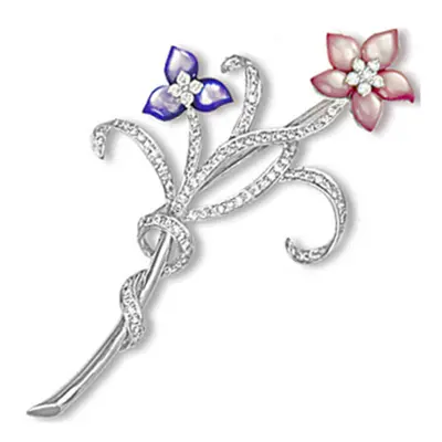 Jewelco London 18ct White Gold Pave G SI Diamond Brooch with Pink & Lilac Mother of Pearl Flower