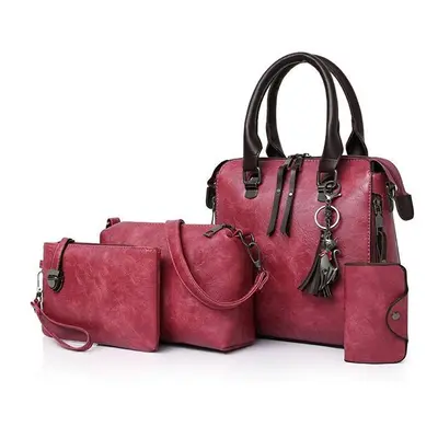 (Red) PCS Women Faux Leather Handbag Vintage Elegant Multi-function Crossbody Bag