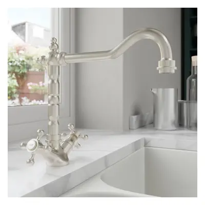 Traditional Brushed Nickel Kitchen Mixer Tap Twin Cross Handles Sink Faucet Taps