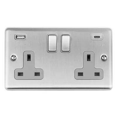 2 Gang Double UK Plug Socket & 2x 3.1A USB-C & A SATIN STEEL & GREY 13A Switch