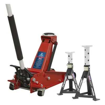 Hydraulic Trolley Jack & x Axle Stand Kit - 3000kg Capacity - Foot Pedal