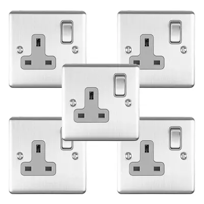 5 PACK Gang Single UK Plug Socket SATIN STEEL 13A Switched Grey Trim Plate