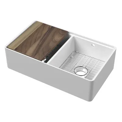 Fireclay Double Bowl Kitchen Sink with Thin Edge, Flush Weir and Overflows, Work Station and Gri