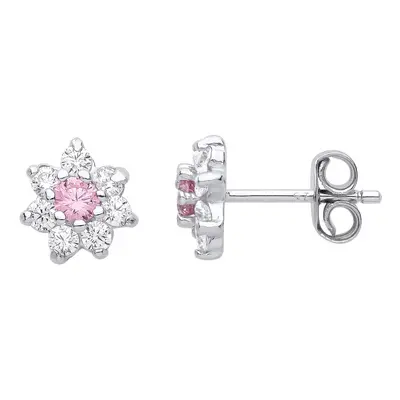 Jewelco London Ladies Rhodium Plated Sterling Silver Pink CZ Stone Snowflake Cluster Stud Earrin