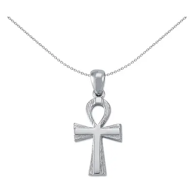 Jewelco London Rhodium Plated Sterling Silver Barked Design Ankh Cross Pendant Necklace 31mm inc