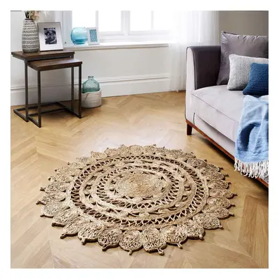 (Natural, Circle : x 120cm) % Jute Round Circle Mat Rug Eco Friendly Handmade Brown Beige Black 