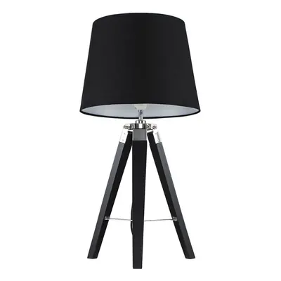 Modern Black Wood and Silver Chrome Tripod Table Lamp with a Black Tapered Light Shade