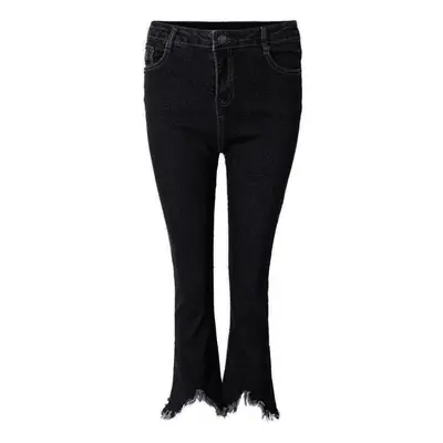 (Black, XS) Casual Women Zipper Slim Ripped Tassel Flare Ninth Denim Jeans