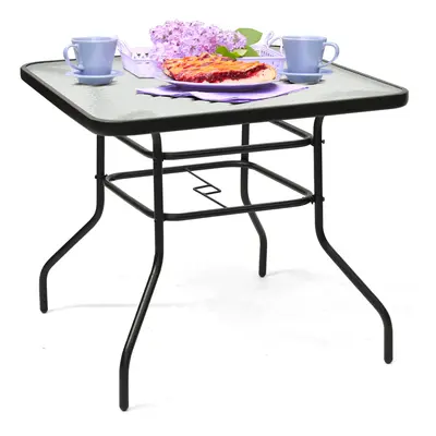 80cm Patio Table Rectangle Metal w/ Glass Top & Umbrella Hole