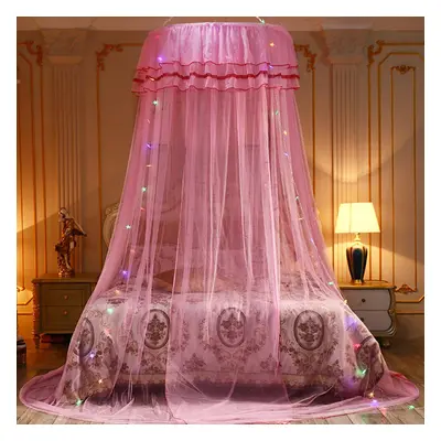 (Pink) Mosquito Net Bedding Lace LED Light Princess Dome Mesh Bed Canopy Bedroom Decor