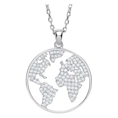 Jewelco London Ladies Sterling Silver Cubic Zirconia Pave World Atlas Pendant Necklace inch - GV