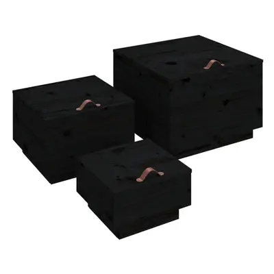 (Black) vidaXL 3x Solid Wood Pine Storage Boxes with Lids Tool Chest Multi Colours