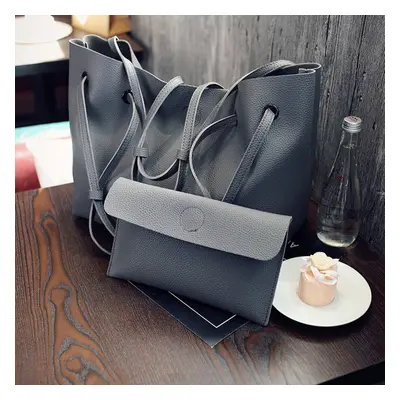 (Dark Grey) 2pcs Women Leather Large Shoulder Messenger Shopping Bag Purse Handbag Tote