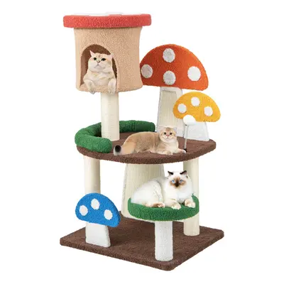 4-In-1 Mushroom Cat Tower Wooden Cat Tree Activity Center Climbing Stand