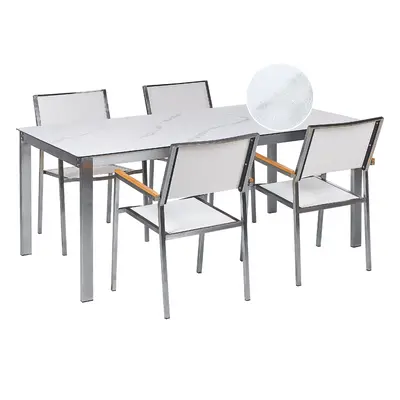 4 Seater Garden Dining Set Marble Effect Glass Top with White Chairs COSOLETO/GROSSETO