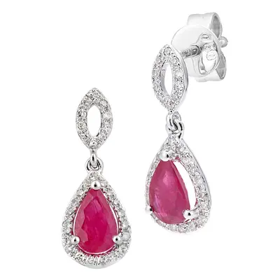 Jewelco London 18ct White Gold Round 12pts Diamond Pear 1ct Ruby Cluster Drop Earrings - DE1AXL6