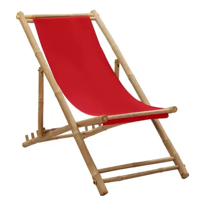 vidaXL Deck Chair Bamboo and Canvas Red Outdoor Garden Beach Camp Lounge Seat