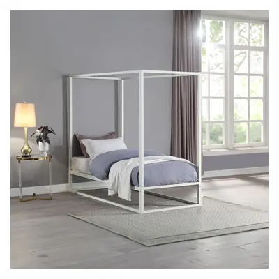 (Single x 190cm, No Mattress) ASHWELL MODERN FOUR POSTER WHITE METAL BED FRAME